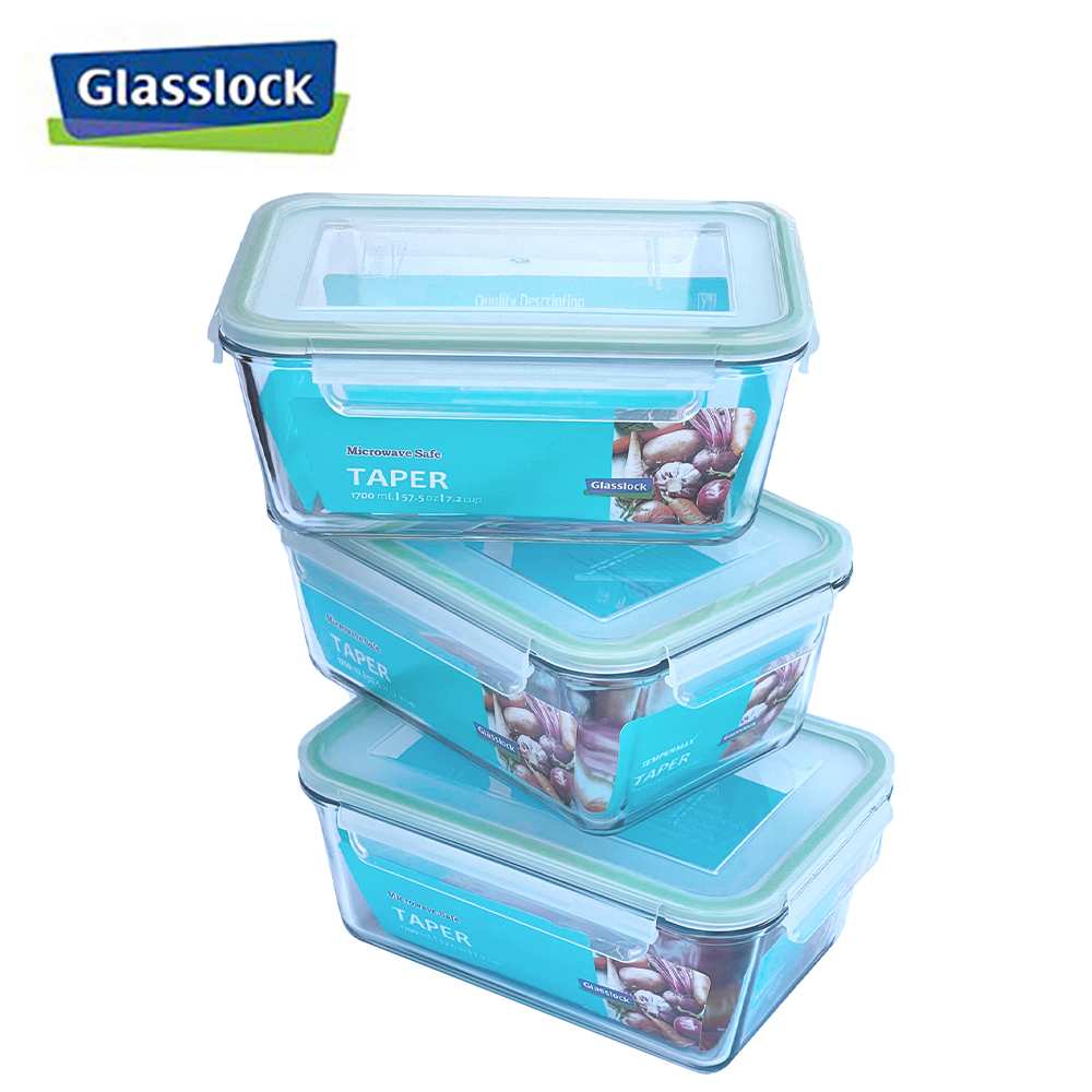 [Glasslock] 57.5oz/1700 ml Taper Rectangular Glass Food-Storage Container with Locking Lids Anti-Spill Microwave Safe 6pc Set