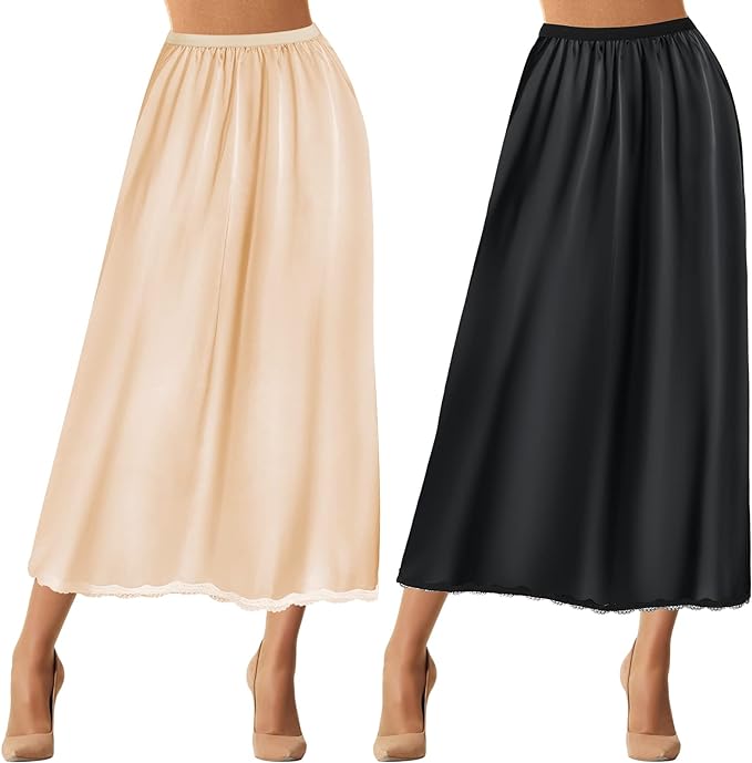 Women's Satin Half Slip Underskirt (Black & Beige, Set of 2)