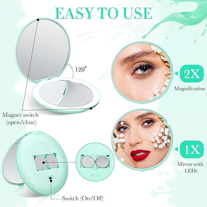 6 Pcs LED Lighted Compact Mirror, 1x/2x Magnification Makeup Mirror, Cyan