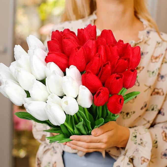 96-Pack Real Touch Artificial Tulip Flower (Red & White)