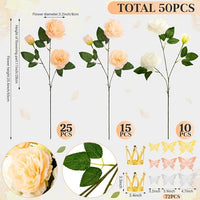 50-Pcs Artificial Peony Silk Flower Bouquet with Sticker & Crown