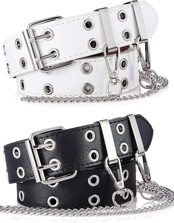 Double Grommet Belts with Chain (black & white, Set of 2)