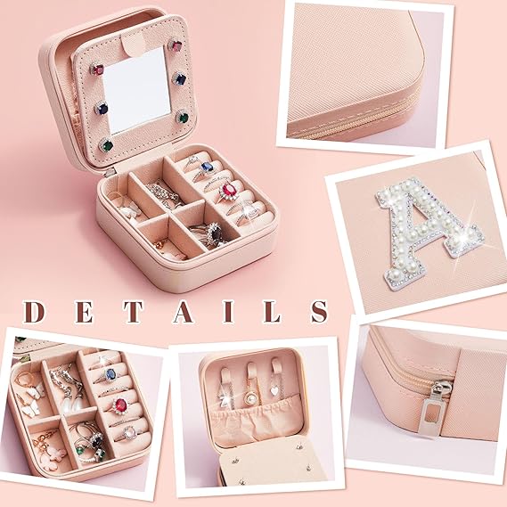 Initial Mini Pink Travel Jewelry Box with Mirror (A)