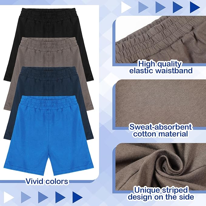 Boys Cotton Athletic Basketball Shorts (Assorted Color, Set of 4)