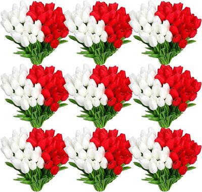 96-Pcs Real Touch Artificial Tulip Flower (Red & White)
