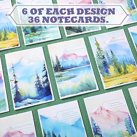 Watercolor Mountains Happy Birthday Card with Envelope (Set of 36)