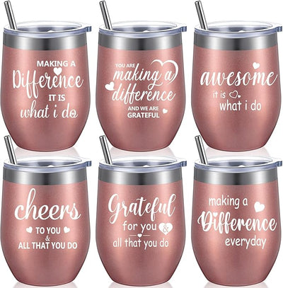 12oz Stainless Steel Wine Tumblers with Lids & Straws (Set of 6)