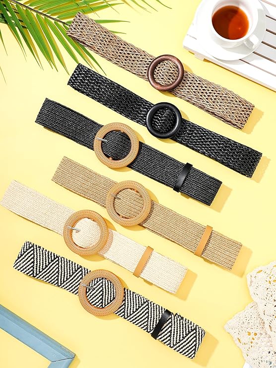 Women's Straw Woven Elastic Belt (Set of 6)