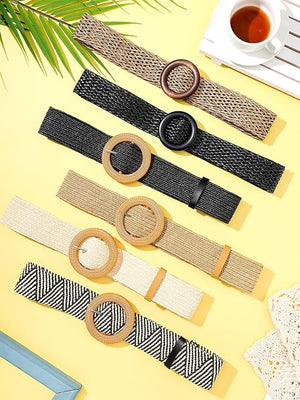 Women's Straw Woven Elastic Belt (Set of 6)