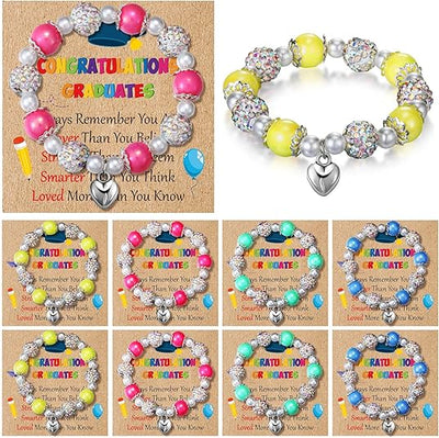 Kids Graduation Bead Bracelet with Wish Card & Gift Bag (Assorted Color, Set of 12)