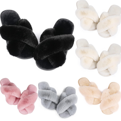 Women's Cross Band Fluffy Open-Toe Slipper (Assorted Color, Pairs of 6)