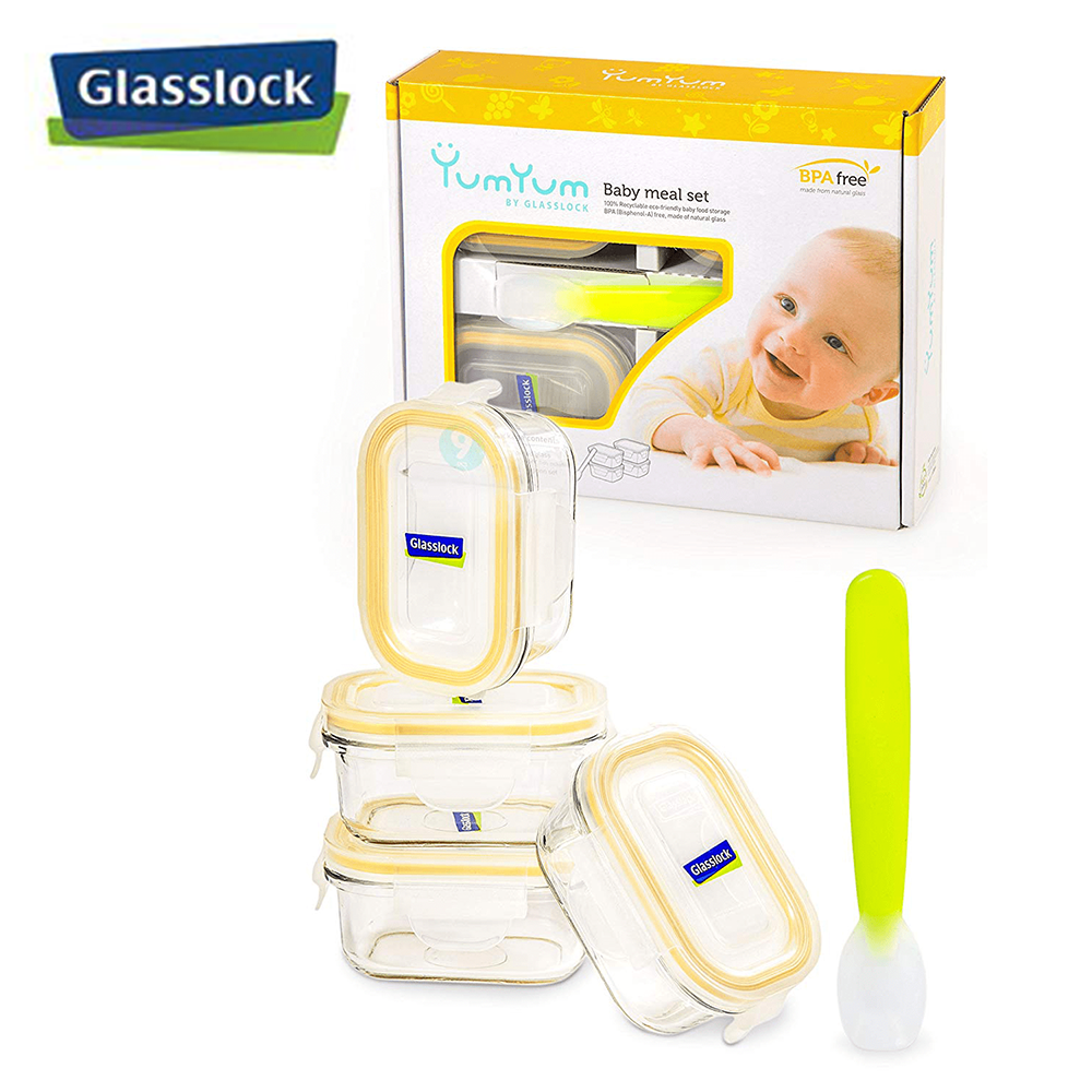 [Glasslock Kids] 5.07oz/150ml Rectangular Yum Yum Baby Food Containers + Silicon Spoon, 9-Pcs Set