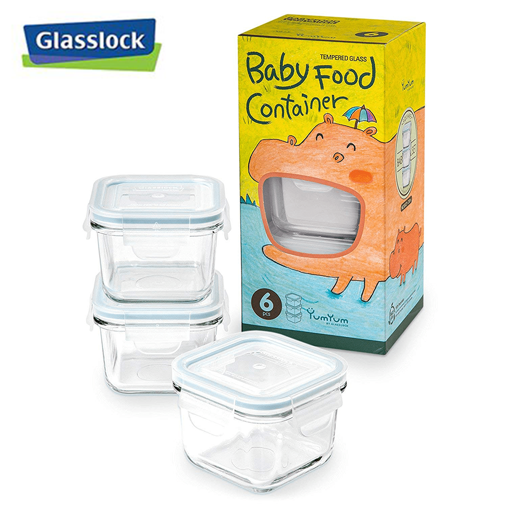 [Glasslock Kids]  7.1oz/210ml Square Yum Yum  Baby Food Containers 6-Pcs Set