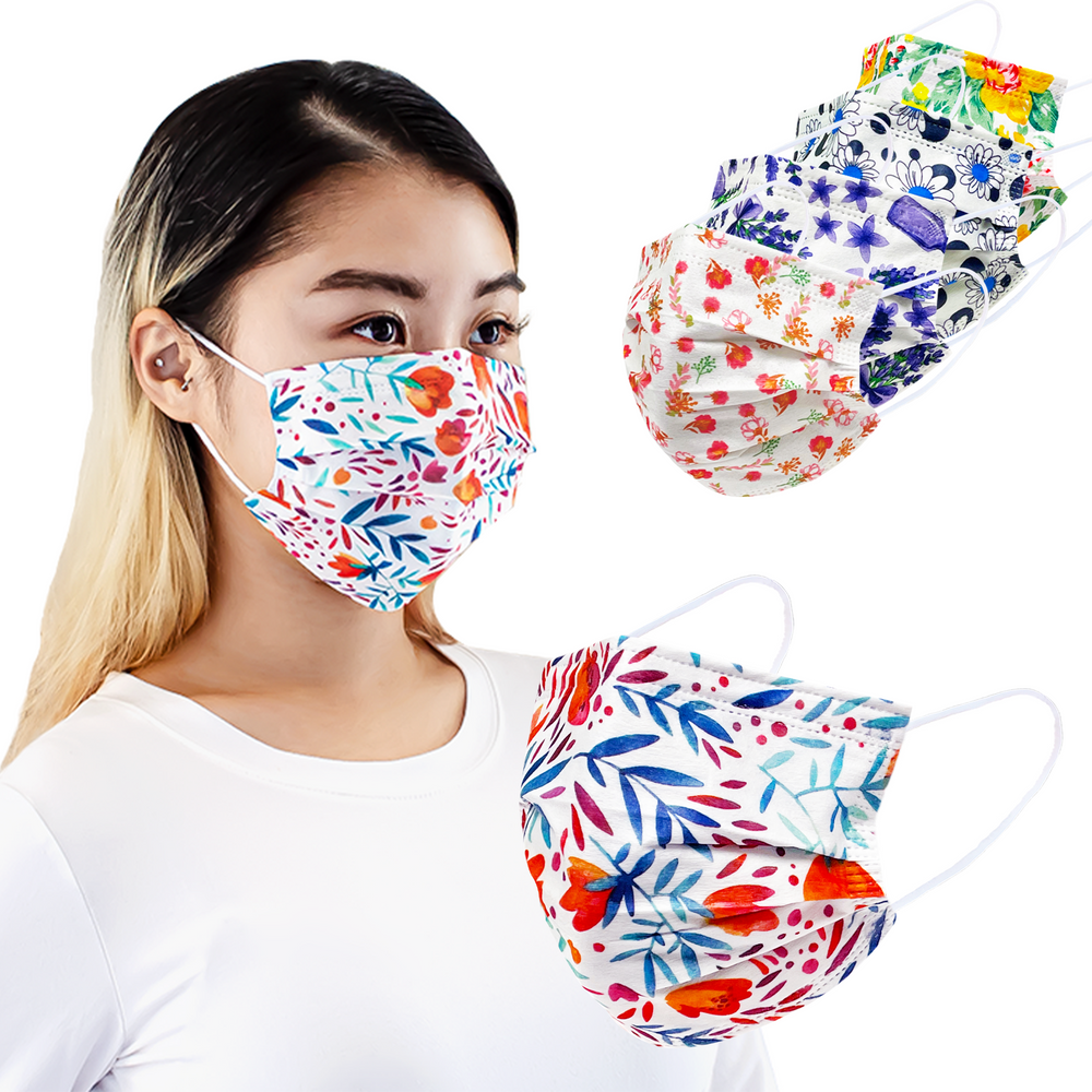 Everydayspecial Disposable Safety Mask 3 Layer Protection Face Mask for Adults 50 pcs (Flower Assorted Print 2)