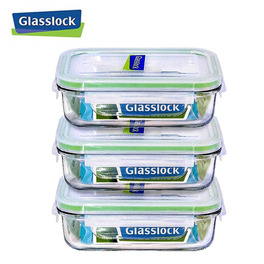 Glasslock Square Tempered Glass Food Container Set of 3 490ml/17oz 